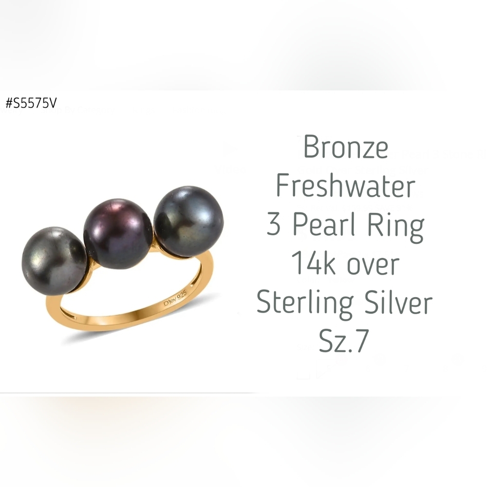Beautiful bronze freshwater pearl trilogy ring, 14k YG plating, Sz.7